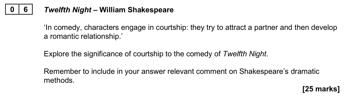June 2025 Paper 1B, question 06: Twelfth Night – William Shakespeare ‘In comedy, characters engage in courtship: they try to attract a partner and then develop a romantic relationship.’ Explore