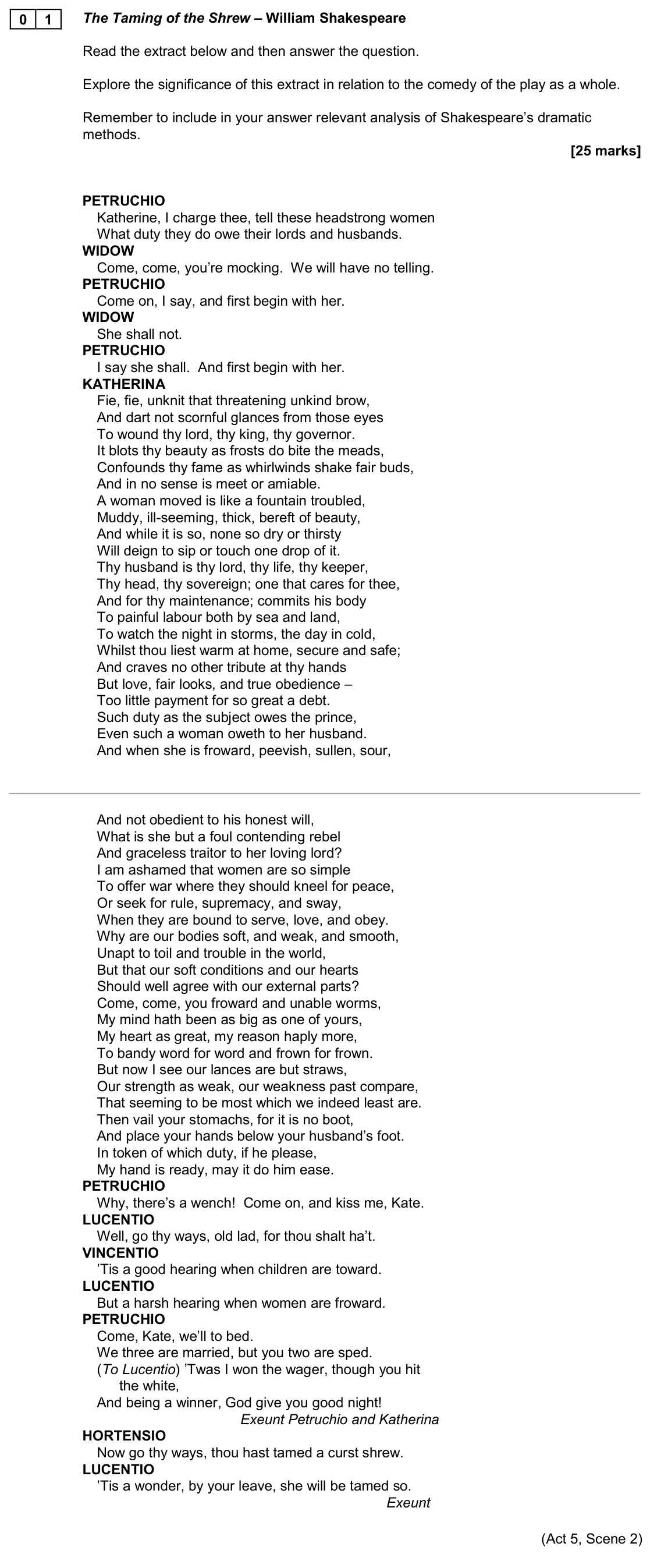 November 2020 Paper 1B, question 01: The Taming of the Shrew – William Shakespeare Read the extract below and then answer the question. Explore the significance of this extract in relation to the c