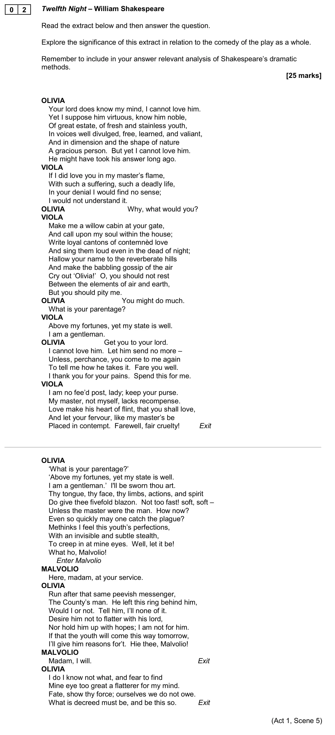 November 2020 Paper 1B, question 02: Twelfth Night – William Shakespeare Read the extract below and then answer the question. Explore the significance of this extract in relation to the comedy of t