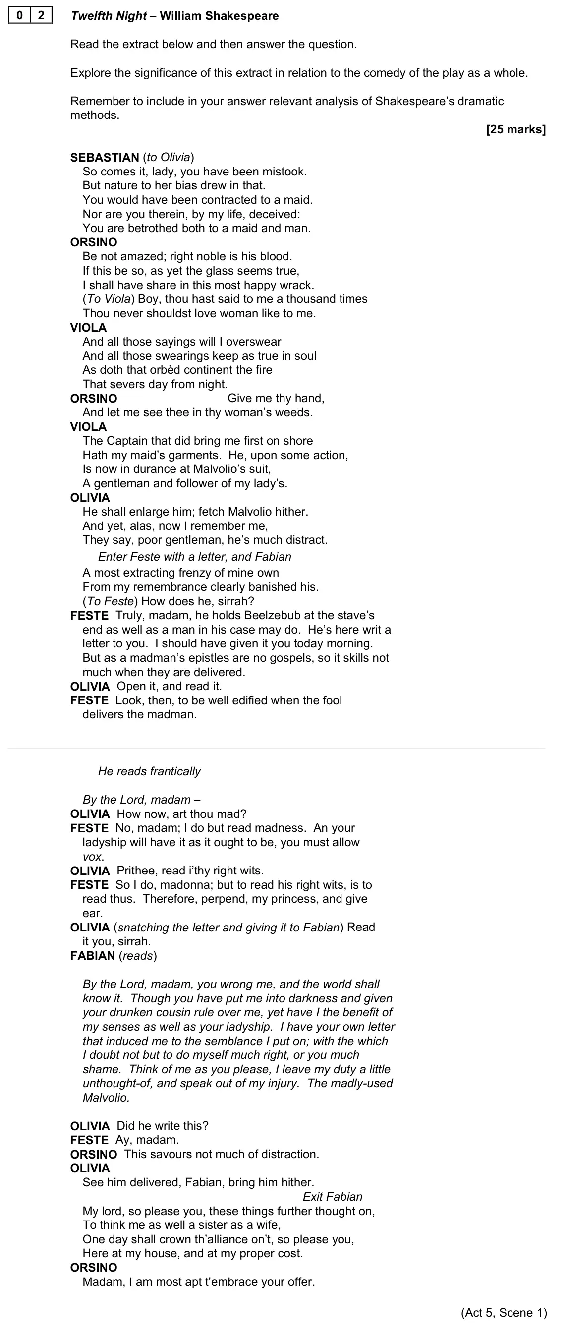 November 2021 Paper 1B, question 02: Twelfth Night – William Shakespeare Read the extract below and then answer the question. Explore the significance of this extract in relation to the comedy of t