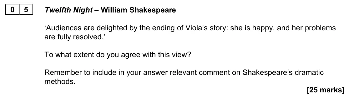 November 2021 Paper 1B, question 05: Twelfth Night – William Shakespeare ‘Audiences are delighted by the ending of Viola’s story: she is happy, and her problems are fully resolved.’ To what extent