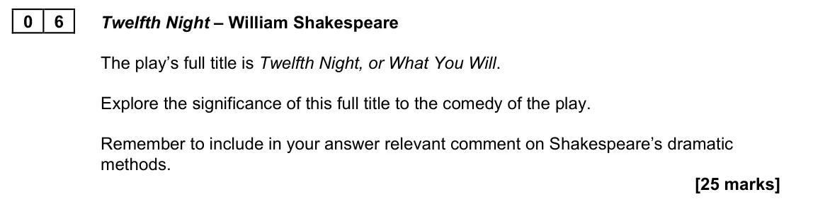 November 2021 Paper 1B, question 06: Twelfth Night – William Shakespeare The play’s full title is Twelfth Night, or What You Will. Explore the significance of this full title to the comedy of the p