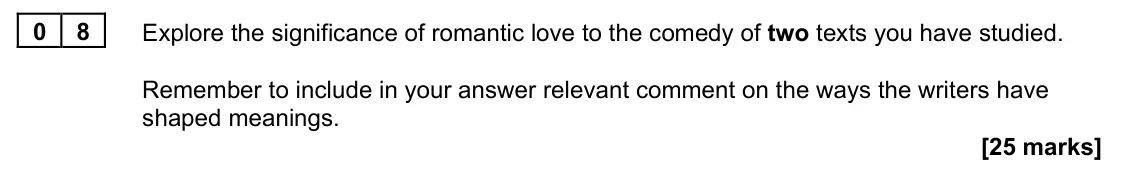November 2021 Paper 1B, question 08: Explore the significance of romantic love to the comedy of two texts you have studied. Remember to include in your answer relevant comment on the ways the write