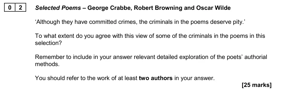 June 2022 Paper 2A, question 02: Selected Poems – George Crabbe, Robert Browning and Oscar Wilde ‘Although they have committed crimes, the criminals in the poems deserve pity.’ To what extent d