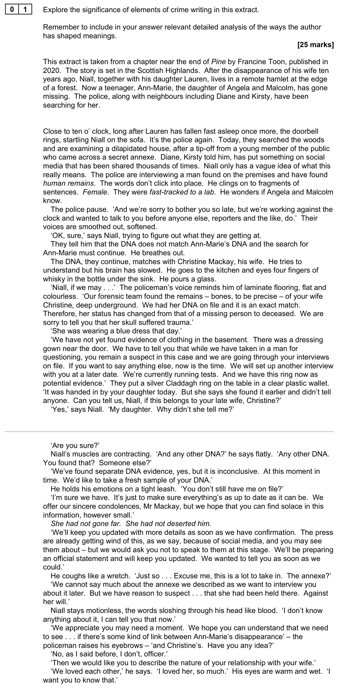 June 2023 Paper 2A, question 01: Explore the significance of elements of crime writing in this extract. Remember to include in your answer relevant detailed analysis of the ways the author has 