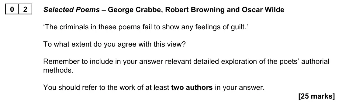 June 2023 Paper 2A, question 02: Selected Poems – George Crabbe, Robert Browning and Oscar Wilde ‘The criminals in these poems fail to show any feelings of guilt.’ To what extent do you agree w