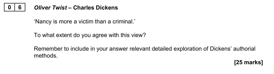 June 2023 Paper 2A, question 06: Oliver Twist – Charles Dickens ‘Nancy is more a victim than a criminal.’ To what extent do you agree with this view? Remember to include in your answer relevant