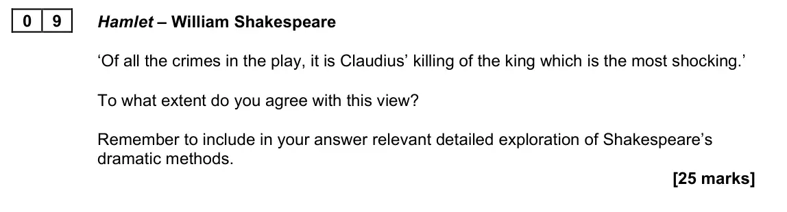 June 2023 Paper 2A, question 09: Hamlet – William Shakespeare ‘Of all the crimes in the play, it is Claudius’ killing of the king which is the most shocking.’ To what extent do you agree with t