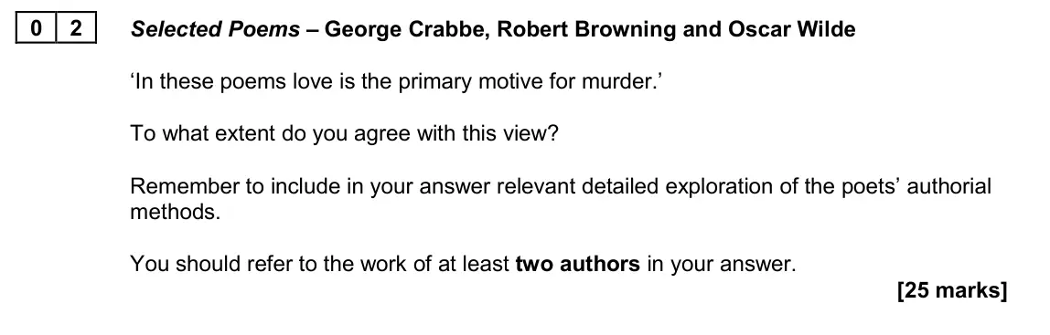 June 2024 Paper 2A, question 02: Selected Poems – George Crabbe, Robert Browning and Oscar Wilde ‘In these poems love is the primary motive for murder.’ To what extent do you agree with this vi