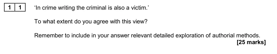 June 2024 Paper 2A, question 11: ‘In crime writing the criminal is also a victim.’ To what extent do you agree with this view? Remember to include in your answer relevant detailed exploration o