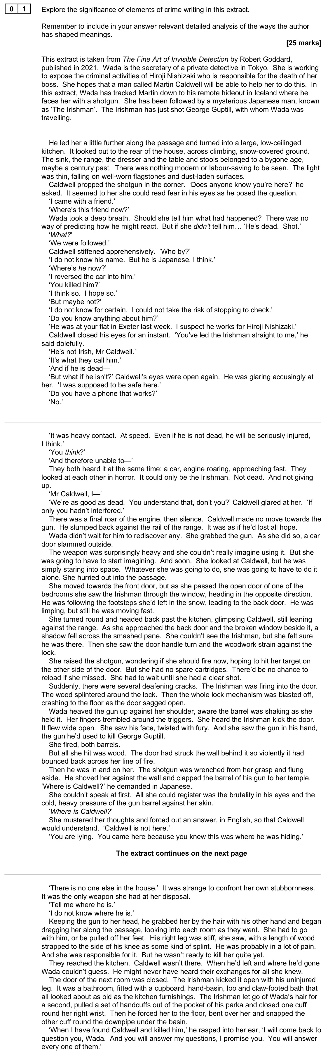 June 2025 Paper 2A, question 01: Explore the significance of elements of crime writing in this extract. Remember to include in your answer relevant detailed analysis of the ways the author has