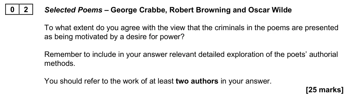 June 2025 Paper 2A, question 02: Selected Poems – George Crabbe, Robert Browning and Oscar Wilde To what extent do you agree with the view that the criminals in the poems are presented as being