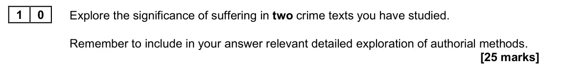 June 2025 Paper 2A, question 10: Explore the significance of suffering in two crime texts you have studied. Remember to include in your answer relevant detailed exploration of authorial methods