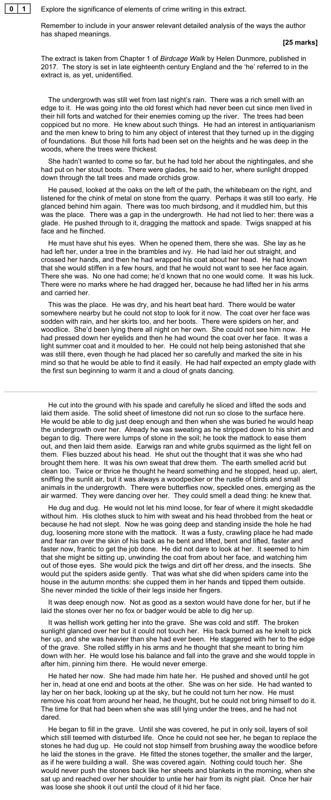 November 2021 Paper 2A, question 01: Explore the significance of elements of crime writing in this extract. Remember to include in your answer relevant detailed analysis of the ways the author has 