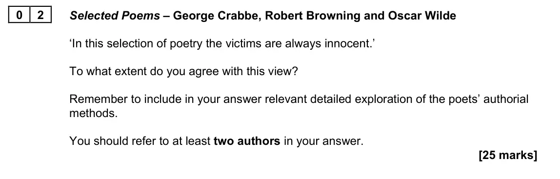 November 2021 Paper 2A, question 02: Selected Poems – George Crabbe, Robert Browning and Oscar Wilde ‘In this selection of poetry the victims are always innocent.’ To what extent do you agree with 