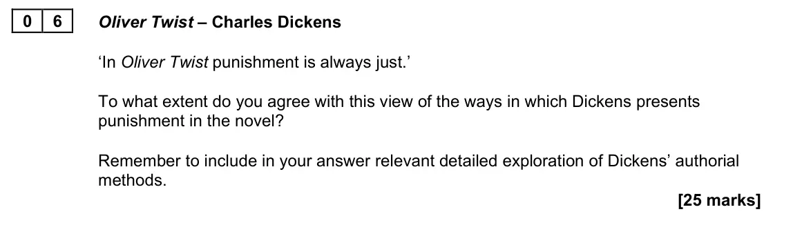 November 2021 Paper 2A, question 06: Oliver Twist – Charles Dickens ‘In Oliver Twist punishment is always just.’ To what extent do you agree with this view of the ways in which Dickens presents pun