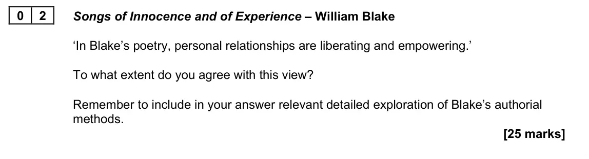 June 2022 Paper 2B, question 02: Songs of Innocence and of Experience – William Blake ‘In Blake’s poetry, personal relationships are liberating and empowering.’ To what extent do you agree with