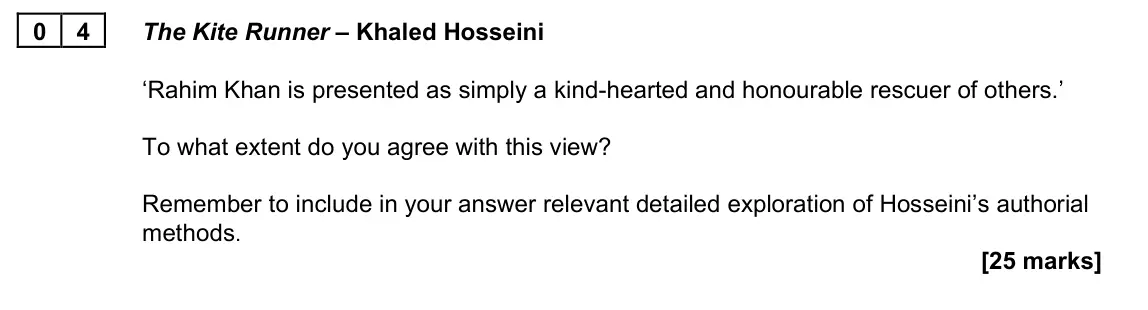 June 2022 Paper 2B, question 04: The Kite Runner – Khaled Hosseini ‘Rahim Khan is presented as simply a kind-hearted and honourable rescuer of others.’ To what extent do you agree with this vie