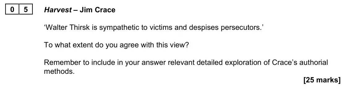 June 2022 Paper 2B, question 05: Harvest – Jim Crace ‘Walter Thirsk is sympathetic to victims and despises persecutors.’ To what extent do you agree with this view? Remember to include in your 