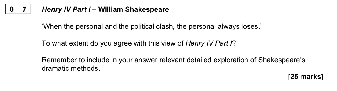June 2022 Paper 2B, question 07: Henry IV Part I – William Shakespeare ‘When the personal and the political clash, the personal always loses.’ To what extent do you agree with this view of Henr