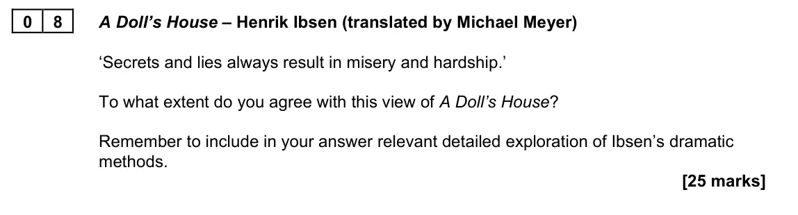 June 2022 Paper 2B, question 08: A Doll’s House – Henrik Ibsen (translated by Michael Meyer) ‘Secrets and lies always result in misery and hardship.’ To what extent do you agree with this view