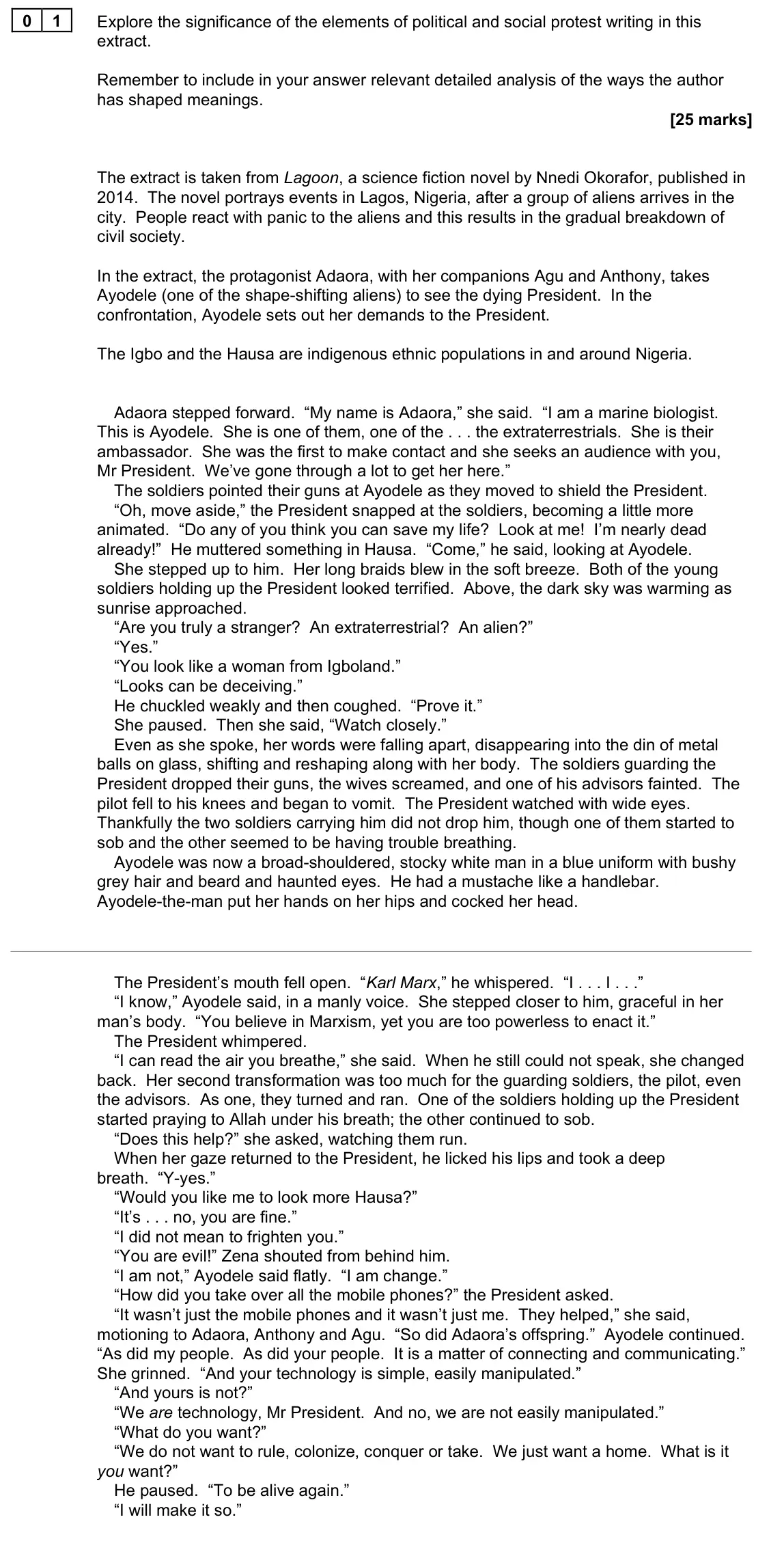 June 2023 Paper 2B, question 01: Explore the significance of the elements of political and social protest writing in this extract. Remember to include in your answer relevant detailed analysis 
