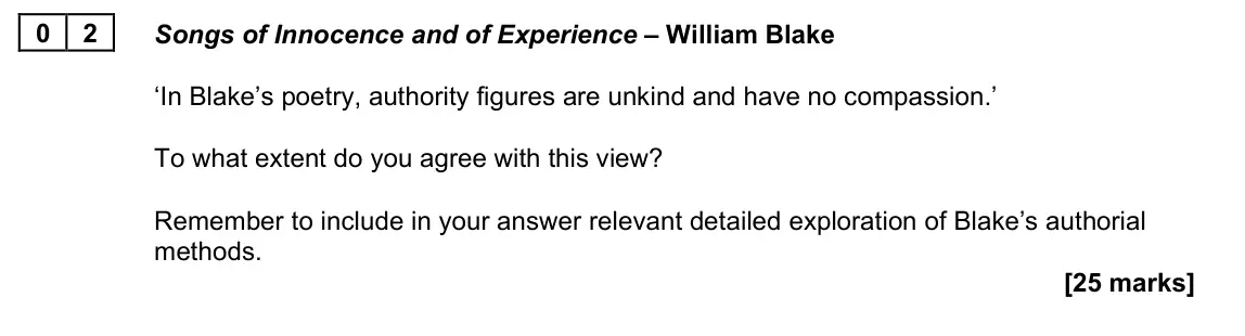 June 2023 Paper 2B, question 02: Songs of Innocence and of Experience – William Blake ‘In Blake’s poetry, authority figures are unkind and have no compassion.’ To what extent do you agree with 