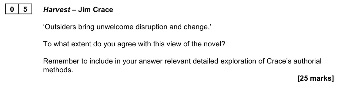 June 2023 Paper 2B, question 05: Harvest – Jim Crace ‘Outsiders bring unwelcome disruption and change.’ To what extent do you agree with this view of the novel? Remember to include in your answ