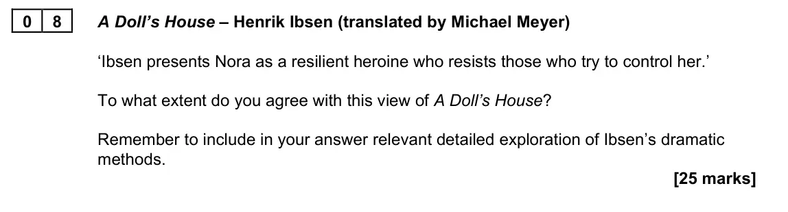 June 2023 Paper 2B, question 08: A Doll’s House – Henrik Ibsen (translated by Michael Meyer) ‘Ibsen presents Nora as a resilient heroine who resists those who try to control her.’ To what exten