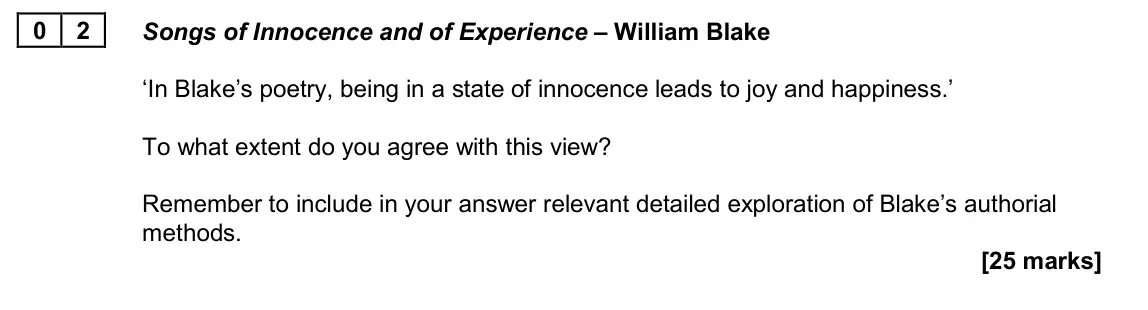 June 2024 Paper 2B, question 02: Songs of Innocence and of Experience – William Blake ‘In Blake’s poetry, being in a state of innocence leads to joy and happiness.’ To what extent do you agree 