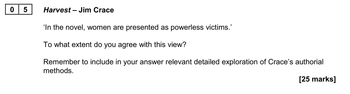 June 2024 Paper 2B, question 05: Harvest – Jim Crace ‘In the novel, women are presented as powerless victims.’ To what extent do you agree with this view? Remember to include in your answer rel