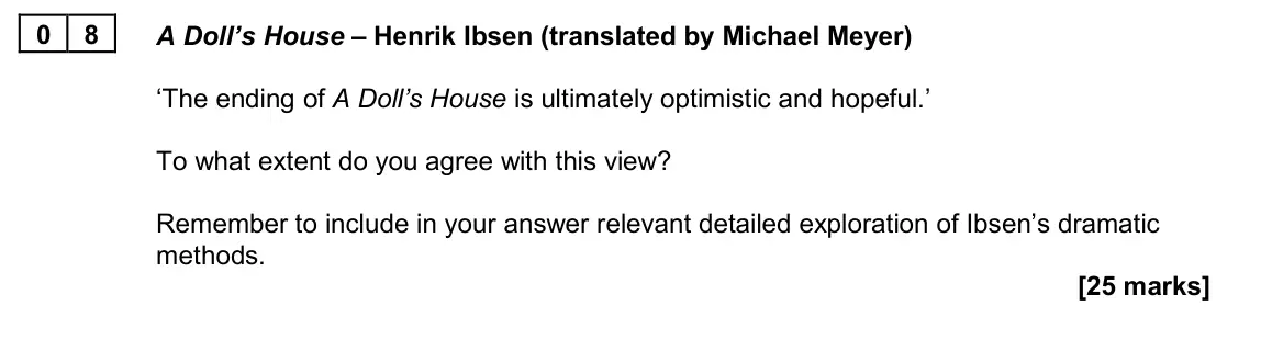 June 2024 Paper 2B, question 08: A Doll’s House – Henrik Ibsen (translated by Michael Meyer) ‘The ending of A Doll’s House is ultimately optimistic and hopeful.’ To what extent do you agree wit
