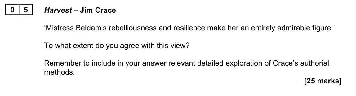 June 2025 Paper 2B, question 05: Harvest – Jim Crace ‘Mistress Beldam’s rebelliousness and resilience make her an entirely admirable figure.’ To what extent do you agree with this view? Remembe