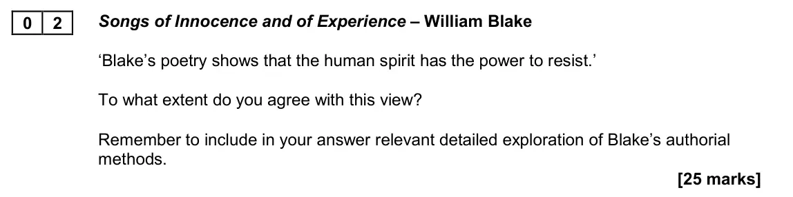 November 2020 Paper 2B, question 02: Songs of Innocence and of Experience – William Blake ‘Blake’s poetry shows that the human spirit has the power to resist.’ To what extent do you agree with this