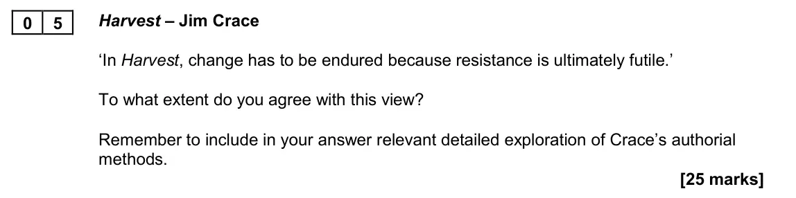 November 2020 Paper 2B, question 05: Harvest – Jim Crace ‘In Harvest, change has to be endured because resistance is ultimately futile.’ To what extent do you agree with this view? Remember to incl