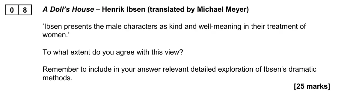 November 2020 Paper 2B, question 08: A Doll’s House – Henrik Ibsen (translated by Michael Meyer) ‘Ibsen presents the male characters as kind and well-meaning in their treatment of women.’ To what e