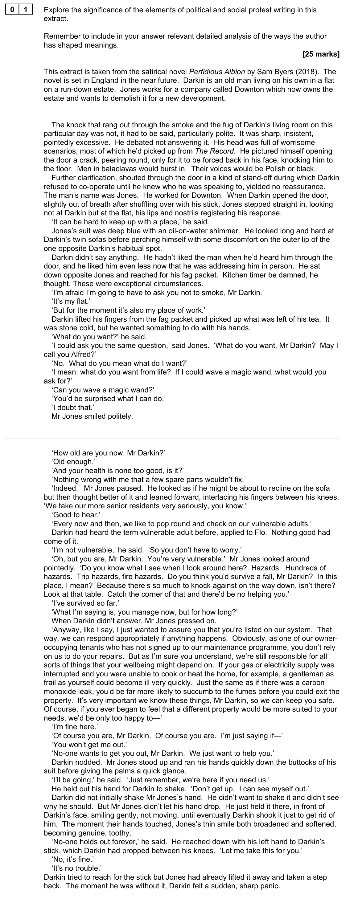 November 2021 Paper 2B, question 01: Explore the significance of the elements of political and social protest writing in this extract. Remember to include in your answer relevant detailed analysis 