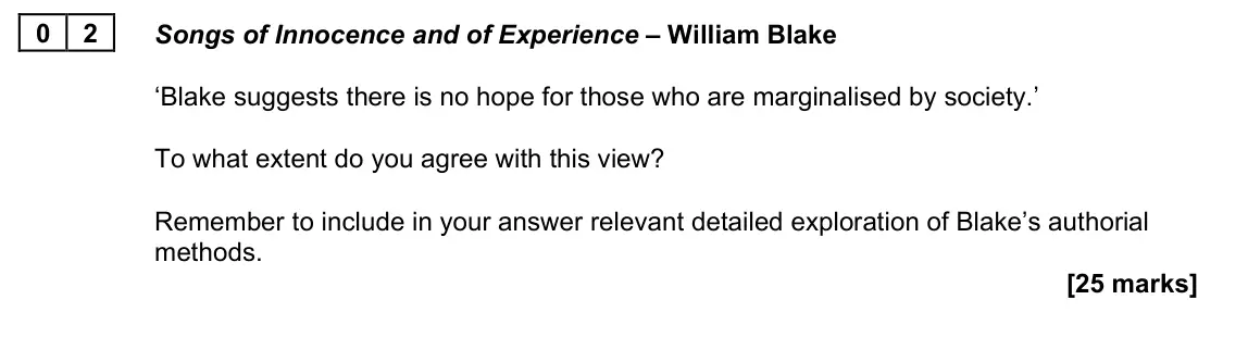 November 2021 Paper 2B, question 02: Songs of Innocence and of Experience – William Blake ‘Blake suggests there is no hope for those who are marginalised by society.’ To what extent do you agree wi
