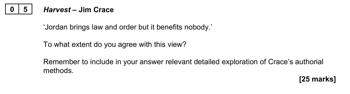 November 2021 Paper 2B, question 05: Harvest – Jim Crace ‘Jordan brings law and order but it benefits nobody.’ To what extent do you agree with this view? Remember to include in your answer relevan