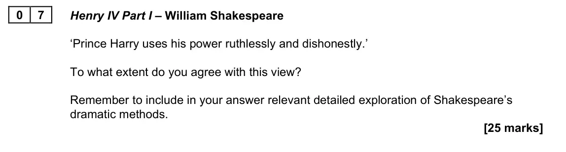 November 2021 Paper 2B, question 07: Henry IV Part I – William Shakespeare ‘Prince Harry uses his power ruthlessly and dishonestly.’ To what extent do you agree with this view? Remember to include
