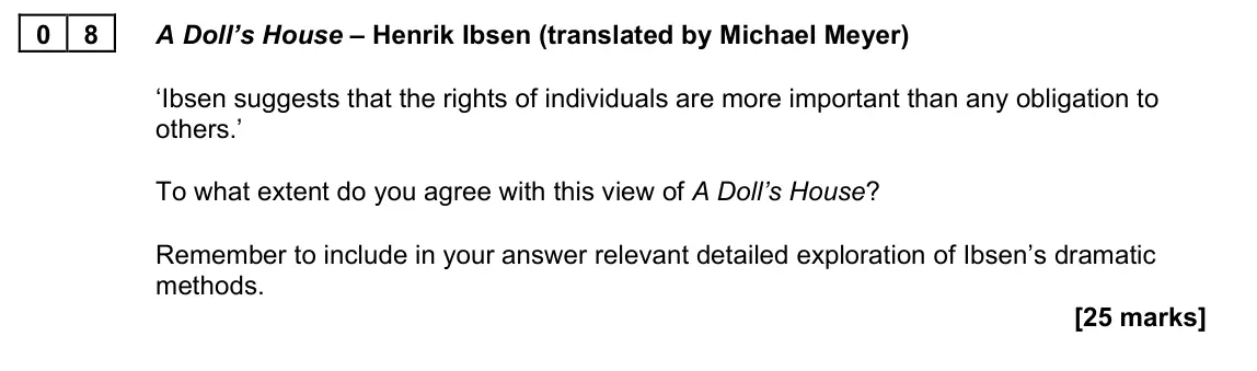 November 2021 Paper 2B, question 08: A Doll’s House – Henrik Ibsen (translated by Michael Meyer) ‘Ibsen suggests that the rights of individuals are more important than any obligation to others.’ To