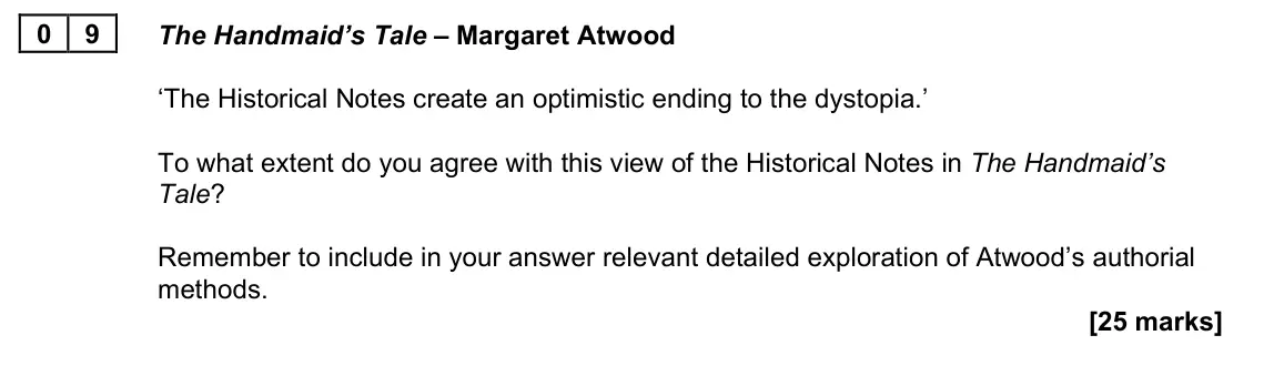November 2021 Paper 2B, question 09: The Handmaid’s Tale – Margaret Atwood ‘The Historical Notes create an optimistic ending to the dystopia.’ To what extent do you agree with this view of the Hist