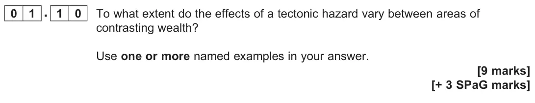 June 2022 Paper 1, question 01.10: To what extent do the effects of a tectonic hazard vary between areas of contrasting wealth? Use one or more named examples in your answer. [9 marks]
