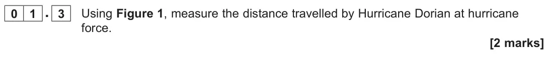 June 2022 Paper 1, question 01.3: Using Figure 1, measure the distance travelled by Hurricane Dorian at hurricane force. [2 marks]