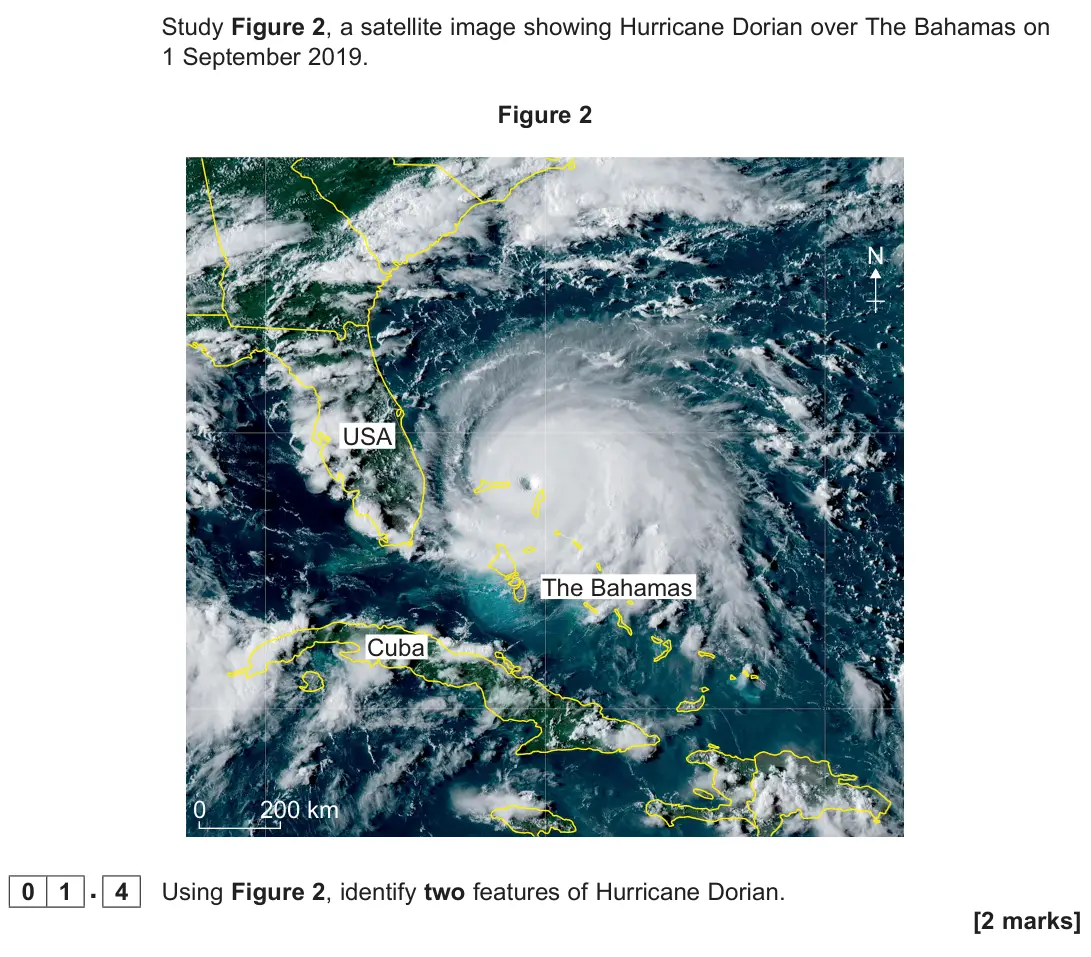 June 2022 Paper 1, question 01.4: Using Figure 2, identify two features of Hurricane Dorian. [2 marks]