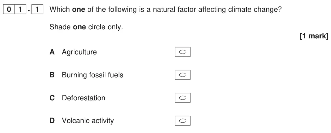 June 2023 Paper 1, question 01.1: Which one of the following is a natural factor affecting climate change? Shade one circle only. [1 mark]