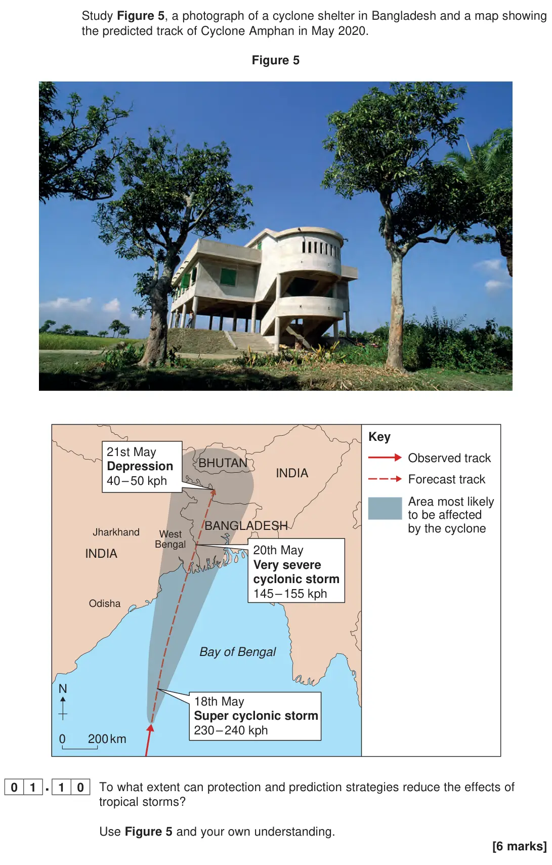 June 2023 Paper 1, question 01.10: To what extent can protection and prediction strategies reduce the effects of tropical storms? Use Figure 5 and your own understanding. [6 marks]
