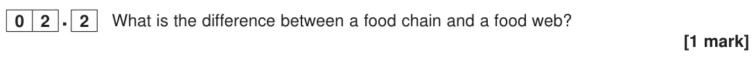 June 2023 Paper 1, question 02.2: What is the difference between a food chain and a food web? [1 mark]