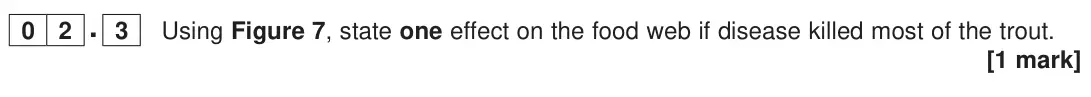 June 2023 Paper 1, question 02.3: Using Figure 7, state one effect on the food web if disease killed most of the trout. [1 mark]