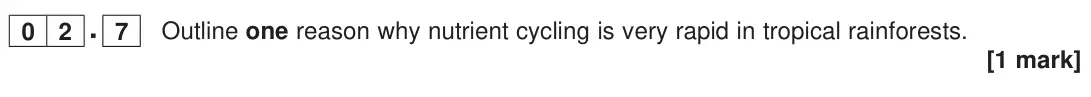 June 2023 Paper 1, question 02.7: Outline one reason why nutrient cycling is very rapid in tropical rainforests. [1 mark]